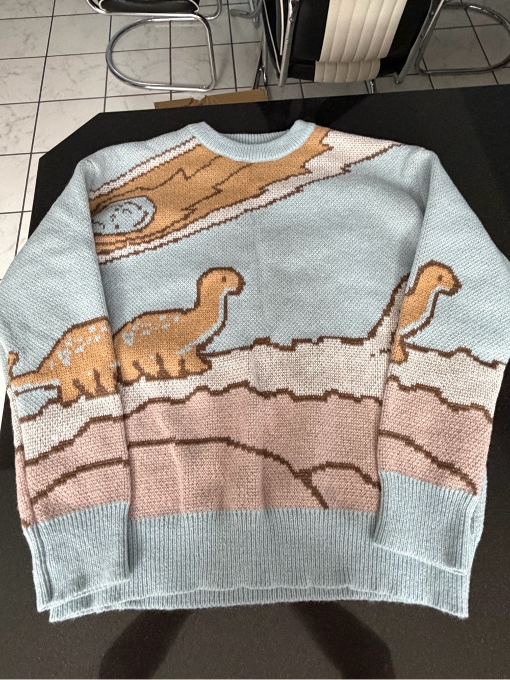 Womans BNWT Light Blue Dinosaur Graphic Crewneck Sweater